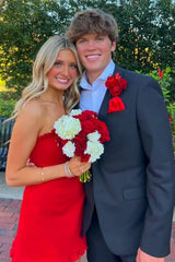 Pretty Sheath Strapless Red Satin Short Homecoming Dress with Ruffles