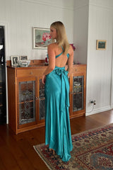 Stylish Sheath V Neck Green Long Party Dress with Open Back Bowknot