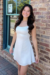 Stylish White Satin Homecoming Dress with Playful Bow Trim Straps