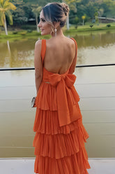 Sunset Orange Backless Tiered Ruffle Prom Dress with Oversized Bow