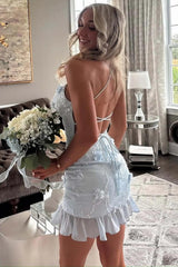 Sweet Floral Lace Hoco Dress with Fitted Bodice and Ruffled Short Skirt