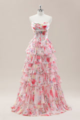 Sweet Floral Print Strapless Prom Gown with Layered Ruffles and Tiered Skirt