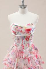 Sweet Floral Print Strapless Prom Gown with Layered Ruffles and Tiered Skirt