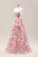 Sweet Floral Print Strapless Prom Gown with Layered Ruffles and Tiered Skirt