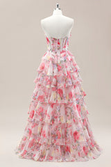 Sweet Floral Print Strapless Prom Gown with Layered Ruffles and Tiered Skirt