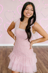 Sweet Tulle Short Homecoming Dress with Square Neck Pearl Details and Tiered Skirt