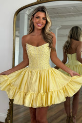 Sweet Pink A-Line Strapless Short Satin Homecoming Dress with Pearls