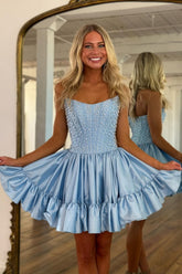 Sweet Pink A-Line Strapless Short Satin Homecoming Dress with Pearls