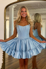 Sweet Pink A-Line Strapless Short Satin Homecoming Dress with Pearls