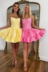 Sweet Pink A-Line Strapless Short Satin Homecoming Dress with Pearls