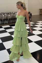 Sweetheart Light Green Layered Ruffle Evening Dress with Slit