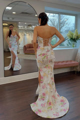 Sweetheart Mermaid Floral Beaded Corset Prom Dress with High Slit