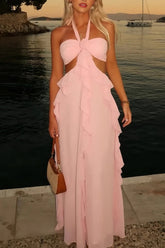 Sweety A Line Halter Neck Pink Long Prom Dress with Keyhole Ruffles