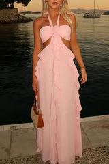 Sweety A Line Halter Neck Pink Long Prom Dress with Keyhole Ruffles