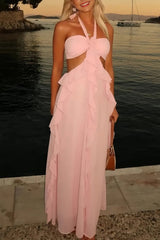Sweety A Line Halter Neck Pink Long Prom Dress with Keyhole Ruffles