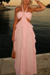 Sweety A Line Halter Neck Pink Long Prom Dress with Keyhole Ruffles