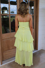 Sweety A Line Spaghetti Straps Yellow Long Prom Dress with Ruffles