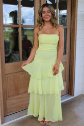 Sweety A Line Spaghetti Straps Yellow Long Prom Dress with Ruffles