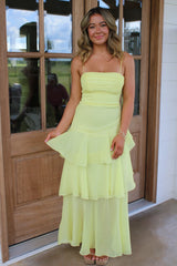 Sweety A Line Spaghetti Straps Yellow Long Prom Dress with Ruffles