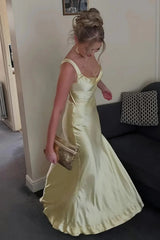 Sweety Satin Square Neck Yellow Long Prom Dress with Criss Cross Back