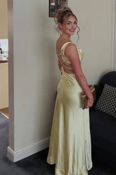 Sweety Satin Square Neck Yellow Long Prom Dress with Criss Cross Back