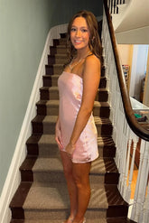 Sweety A Line Strapless Light Pink Short Homecoming Dress with Pearls Back