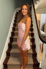 Sweety A Line Strapless Light Pink Short Homecoming Dress with Pearls Back