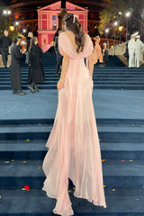 Sweety A Line V Neck Pink Long Prom Dress with Ruffles