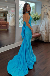 Sweety Mermaid Halter Neck Blue Long Prom Dress with Bowknot Sweep Train