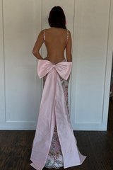 Sweety Mermaid V Neck Pink Long Prom Dress with Emboridery Bowknot