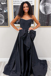 Sweety A Line Strapless Black Long Prom Dress with Bowknot Pearls