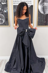 Sweety A Line Strapless Black Long Prom Dress with Bowknot Pearls