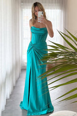 Teal Strapless Satin Evening Dress with Draped Neckline and Slit Skirt