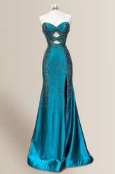 Teal Sweetheart Cutout Mermaid Satin Prom Dress with Sparkle Beading and High Slit
