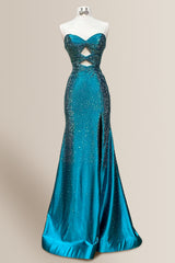Teal Sweetheart Cutout Mermaid Satin Prom Dress with Sparkle Beading and High Slit