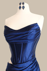 Timeless Navy Blue Satin Prom Evening Dress with Side Cutout Detail