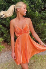 Stylish A Line Spaghetti Straps Orange Short Homecoming Dress with Open Back