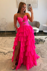 Trendy A Line Sweetheart Hot Pink Long Prom Dress with Ruffles Keyhole