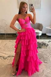 Trendy A Line Sweetheart Hot Pink Long Prom Dress with Ruffles Keyhole