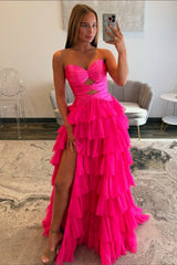 Trendy A Line Sweetheart Hot Pink Long Prom Dress with Ruffles Keyhole