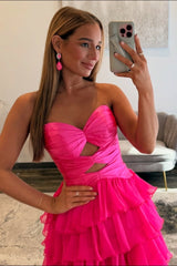 Trendy A Line Sweetheart Hot Pink Long Prom Dress with Ruffles Keyhole