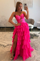 Trendy A Line Sweetheart Hot Pink Long Prom Dress with Ruffles Keyhole