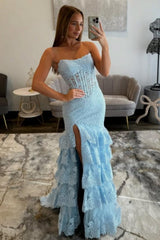 Trendy Light Blue Strapless Lace Corset Mermaid Prom Dress with Slit