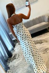Trendy Mermaid Halter Neck White Polka Dots Long Prom Dress with Split Front