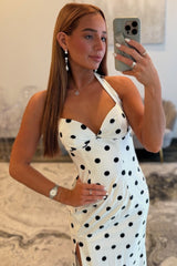 Trendy Mermaid Halter Neck White Polka Dots Long Prom Dress with Split Front