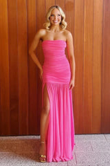 Trendy Mermaid Strapless Hot Pink Long Prom Dress with Split Front Ruffles