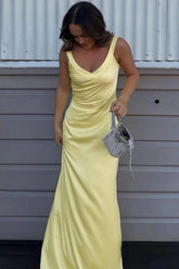 Trendy Mermaid V Neck Yellow Long Prom Dress with Criss Cross Back