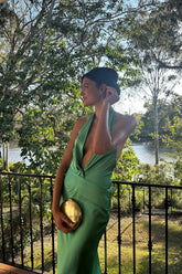 Trendy Sheath Halter Neck Green Long Party Dress with Backless