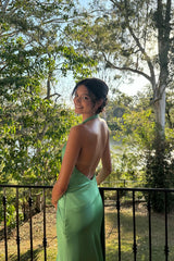 Trendy Sheath Halter Neck Green Long Party Dress with Backless