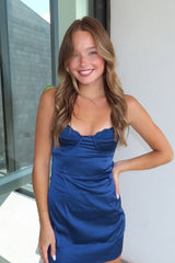Trendy Sheath Spaghetti Straps Navy Satin Short Homecoming Dress